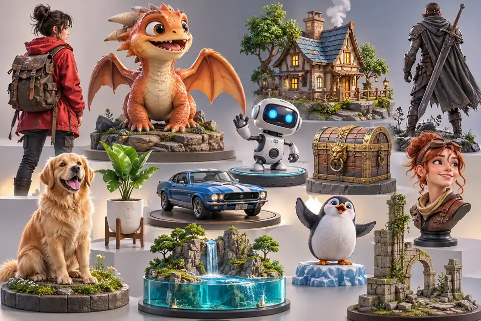 Eine helle Collage aus stilisierten 3D-Figuren, Kreaturen und Requisiten, die als Modellbeispiele angeordnet sind.
