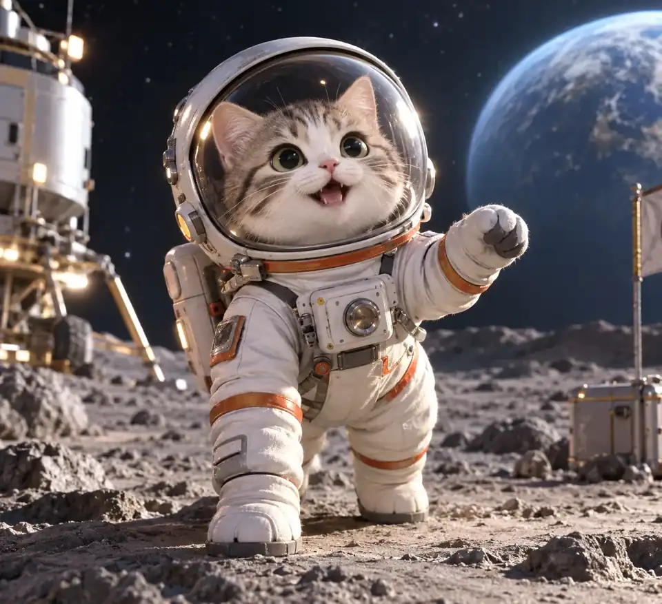 Eine niedliche Katzenastronautin als polierte 3D-Figur.