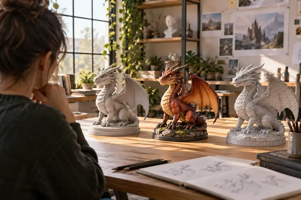 Drei bearbeitbare 3D-Asset-Varianten, die in einer hellen kreativen Arbeitsumgebung angeordnet sind.