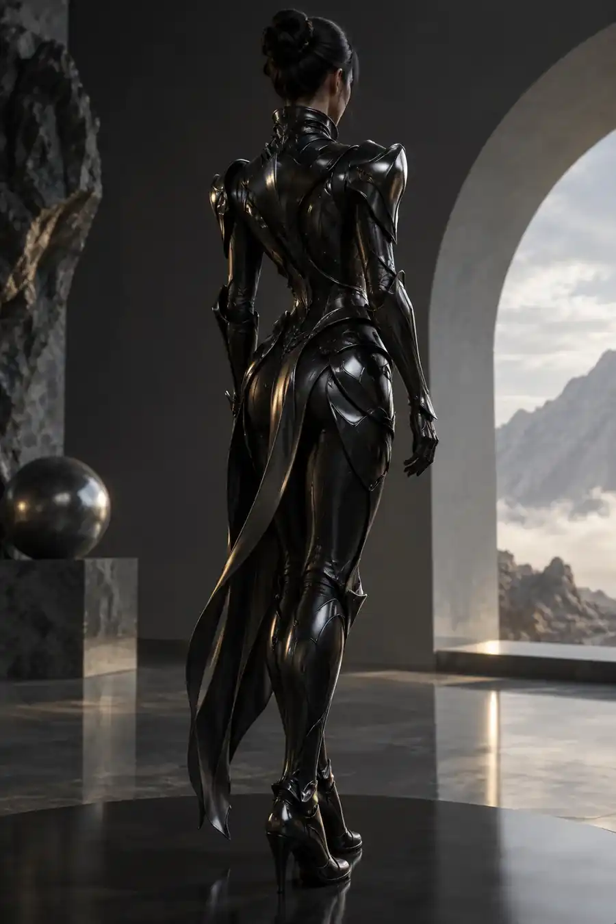彫刻的で曲線的なシルエットを持つ、光沢のある黒い鎧姿のフィギュアモデル。
