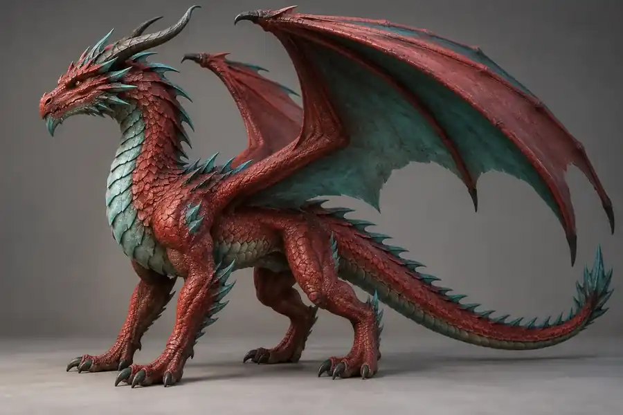 中立的なスタジオ背景で横向きにポーズを取った、赤とティールカラーのドラゴンキャラクターモデル。