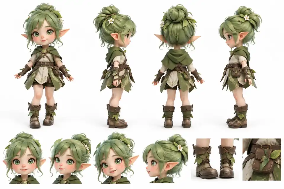 白い背景に配置された、緑色の髪をした小さなファンタジーキャラクターのテンプレート。