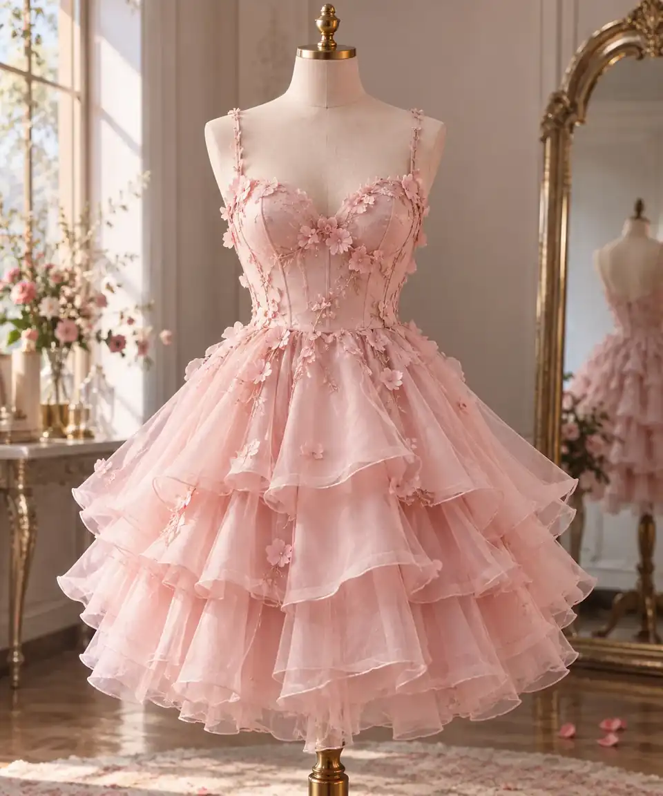 正面を向けて展示された、繊細なピンク色のレイヤードドレスのテンプレート。