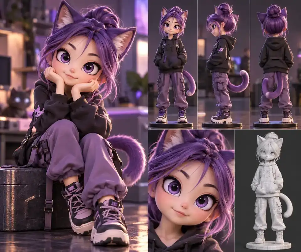 大きな目が特徴の、遊び心のある紫色の猫耳キャラクターのテンプレート。