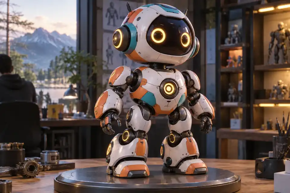 丸みを帯びた機械パーツを備えた、カラフルでコンパクトなロボットのテンプレート。