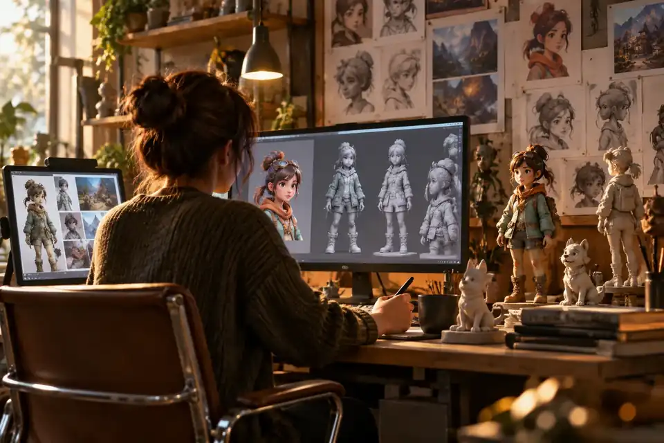 温かみのあるスタジオで、カラフルなキャラクターモデルとスカルプティング用の参考資料を確認する3Dアーティスト。