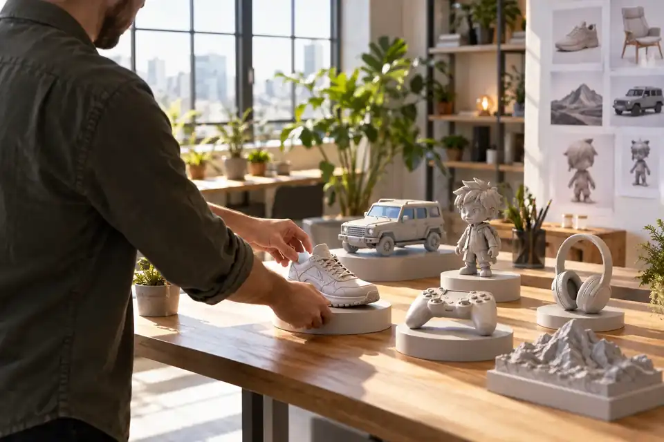 明るくクリエイティブなオフィスで、洗練された3D商品プレビューを配置するEコマースブランドのオーナー。