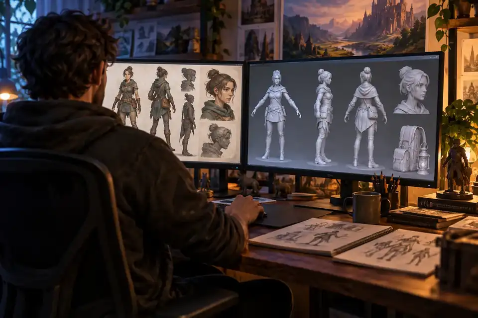 2台のモニターにキャラクターコンセプトと3Dモデルを映しながら、デスクで作業するインディーゲーム開発者。