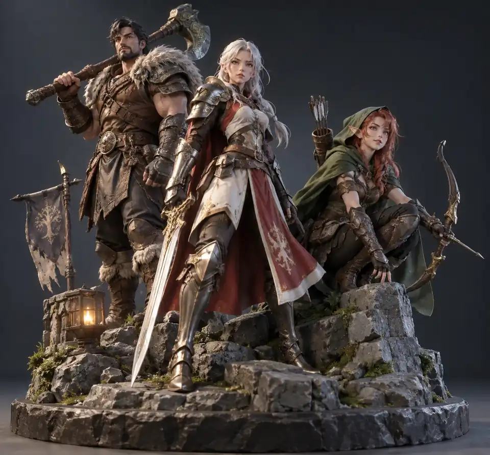 小さな岩の台座の上で一緒にポーズを取る、スタイライズされた3体のファンタジーゲームキャラクター。